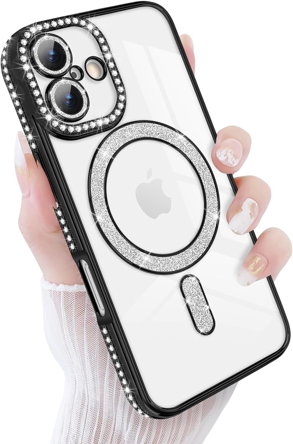 Brandson Luxury Sparkle MagSafe Case for iPhone 17 Pro – Diamond Camera Guard, Shockproof Transparent Cover, Black Shine Edition