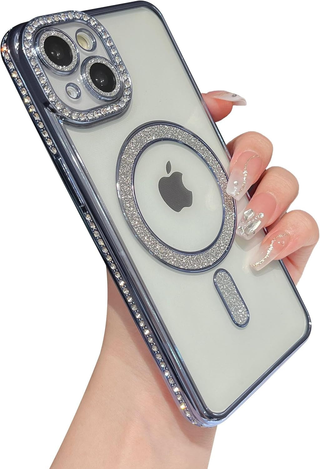 Brandson Crystal Clear Blue Case for iPhone 13 Pro | Soft TPU Transparent Cover with Diamond Rhinestone MagSafe Ring | Luxury Shockproof Camera Lens Protection Case for Women & Girls – Blue