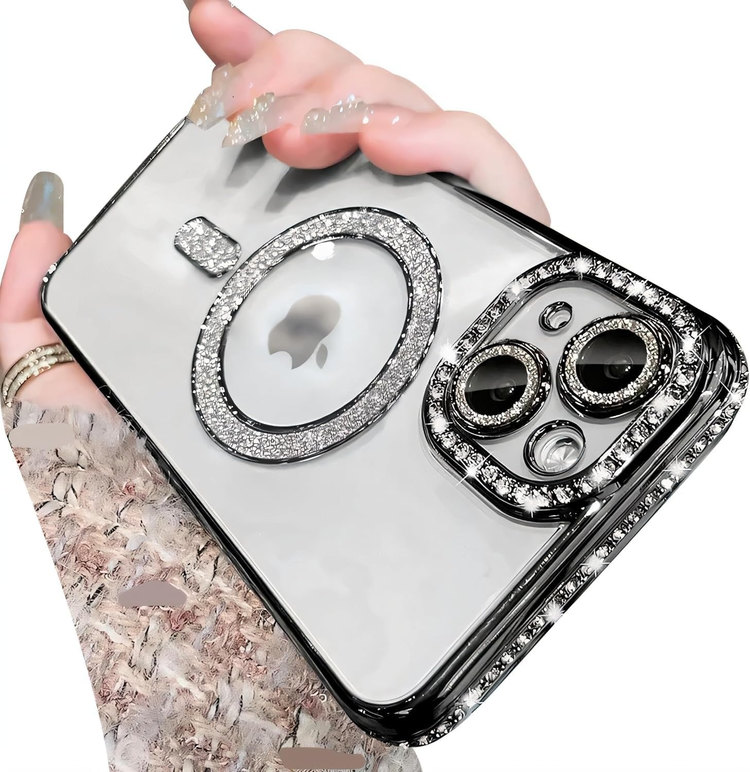 Brandson Crystal Clear Case for iPhone 13 | Soft TPU Transparent Cover with Diamond Rhinestone MagSafe Ring | Luxury Shockproof Camera Lens Protection Case for Women & Girls – Silver