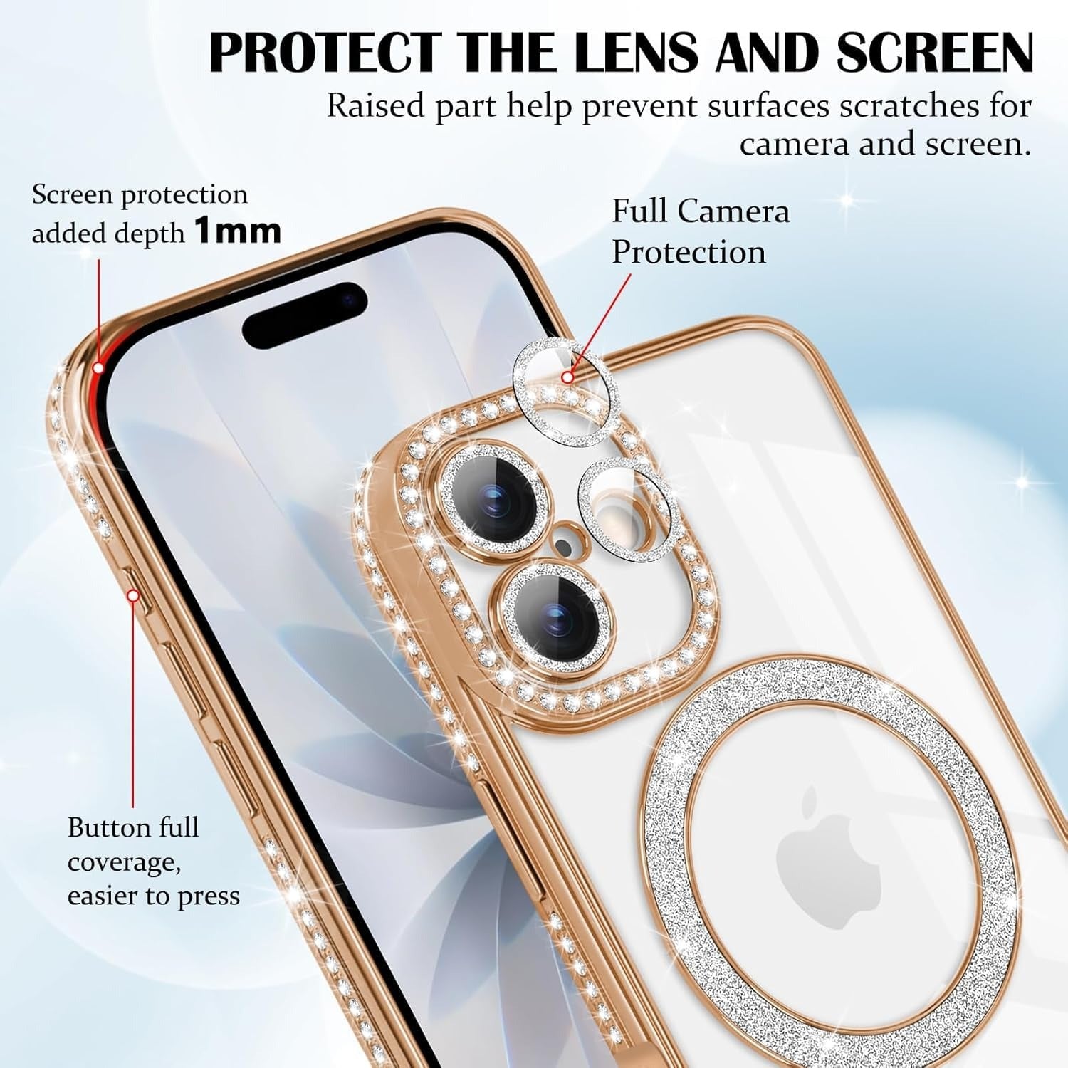 Brandson Luxury Sparkle MagSafe Case for iPhone 17 Pro – Diamond Camera Guard, Shockproof Transparent Cover, Gold Shine Edition
