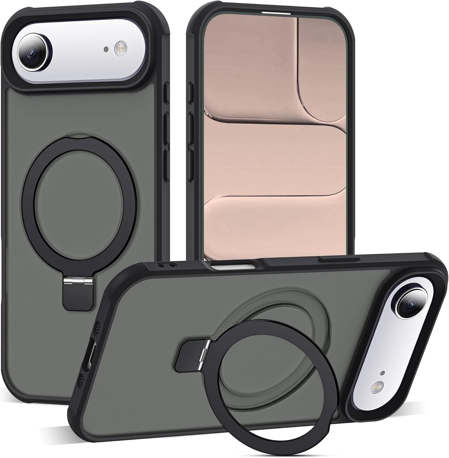 iPhone 17 Air Case with Invisible Magnetic O-Ring Stand | Military-Grade Translucent Shockproof MagSafe Compatible Cover – Black (6.5”)