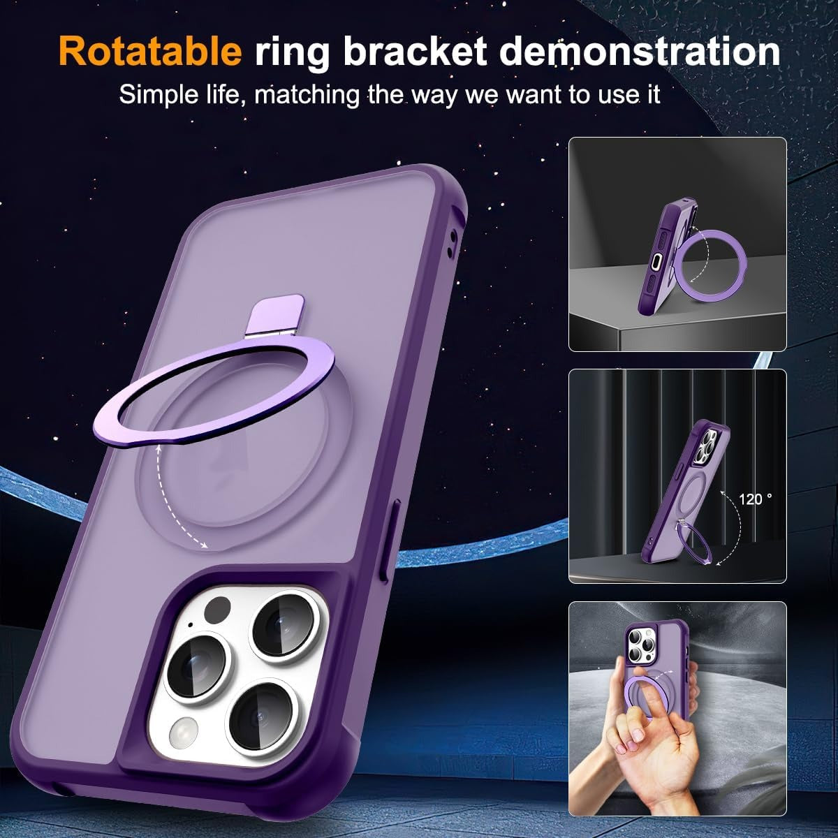 MagSafe Compatible Case for iPhone 14 Pro | Invisible Magnetic O-Ring Stand | Military-Grade Translucent Shockproof Cover – Purple