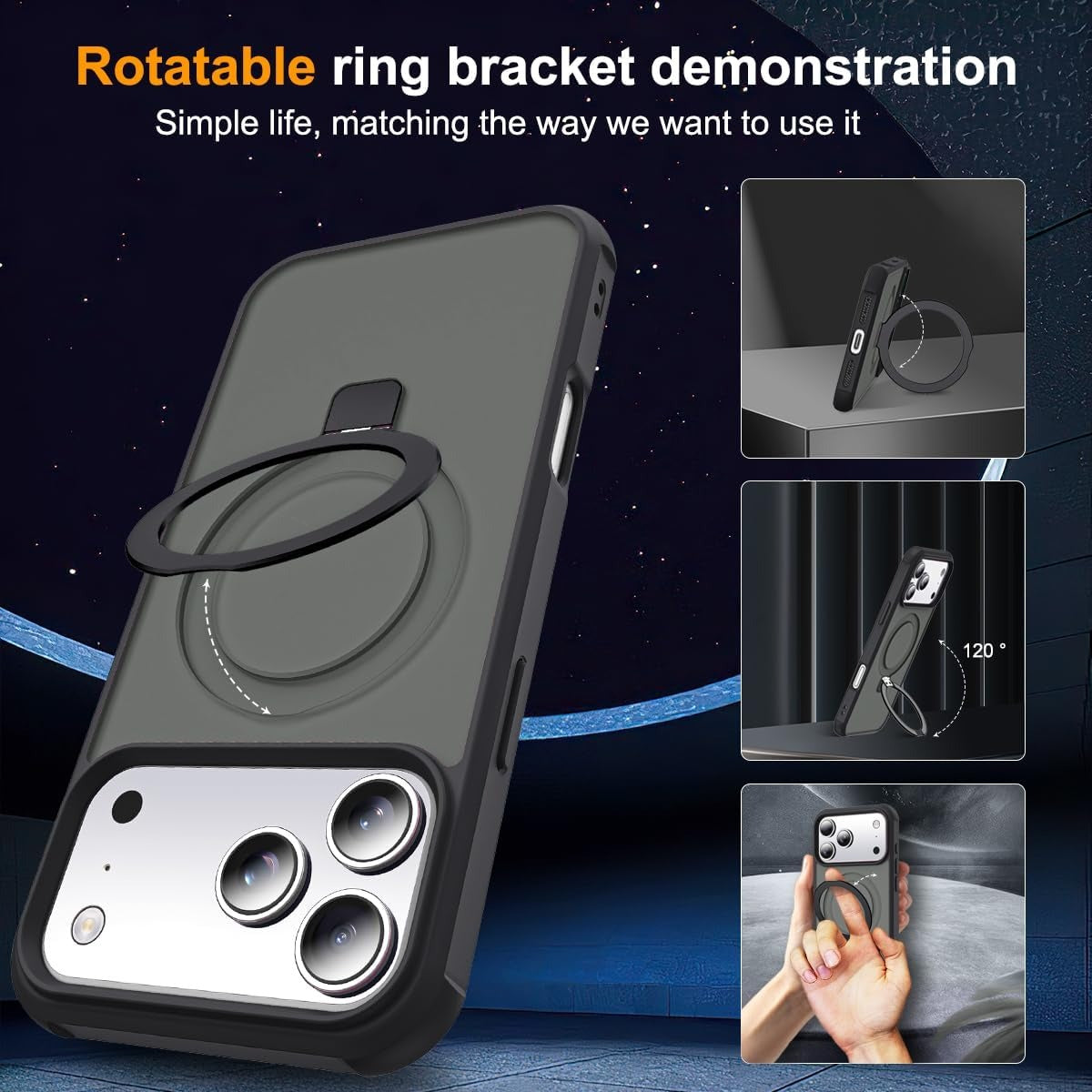 iPhone 17 Pro Case with Invisible Magnetic O-Ring Stand | Military-Grade Translucent Shockproof MagSafe Compatible Cover – Black (6.3”)