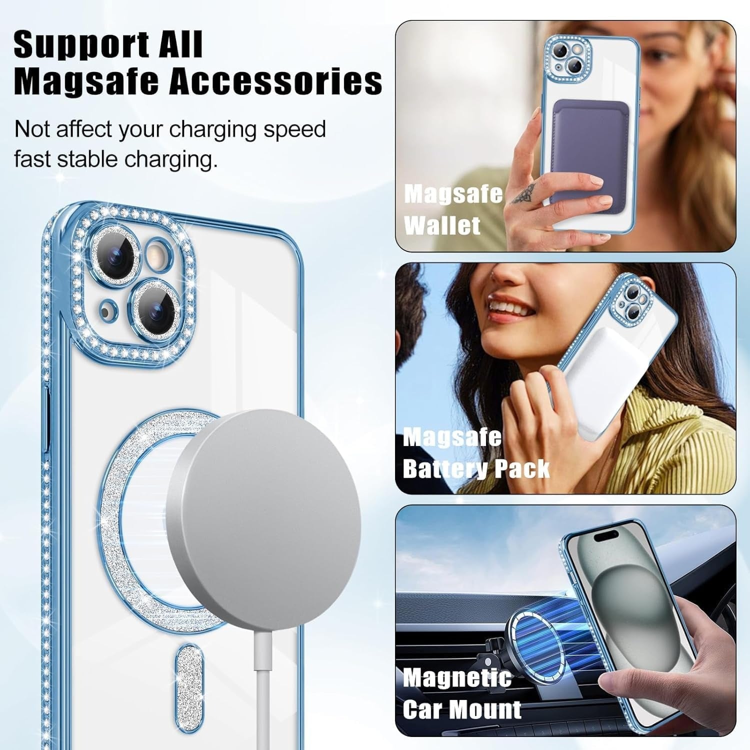 Brandson Crystal Clear Blue Case for iPhone 13 Pro | Soft TPU Transparent Cover with Diamond Rhinestone MagSafe Ring | Luxury Shockproof Camera Lens Protection Case for Women & Girls – Blue