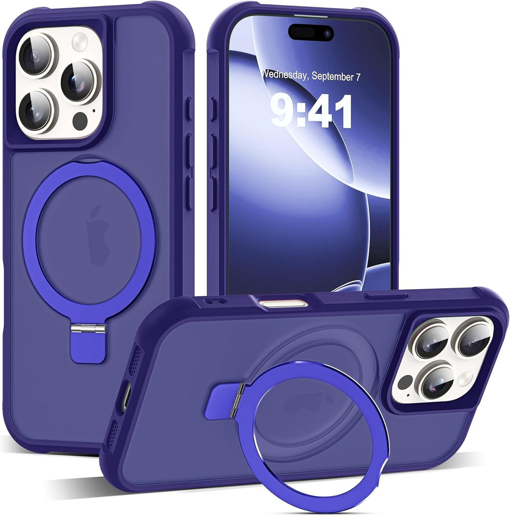 iPhone 16 Pro Magnetic O-Ring Stand Case – Military-Grade Translucent MagSafe Shockproof Cover – Navy (6.3")
