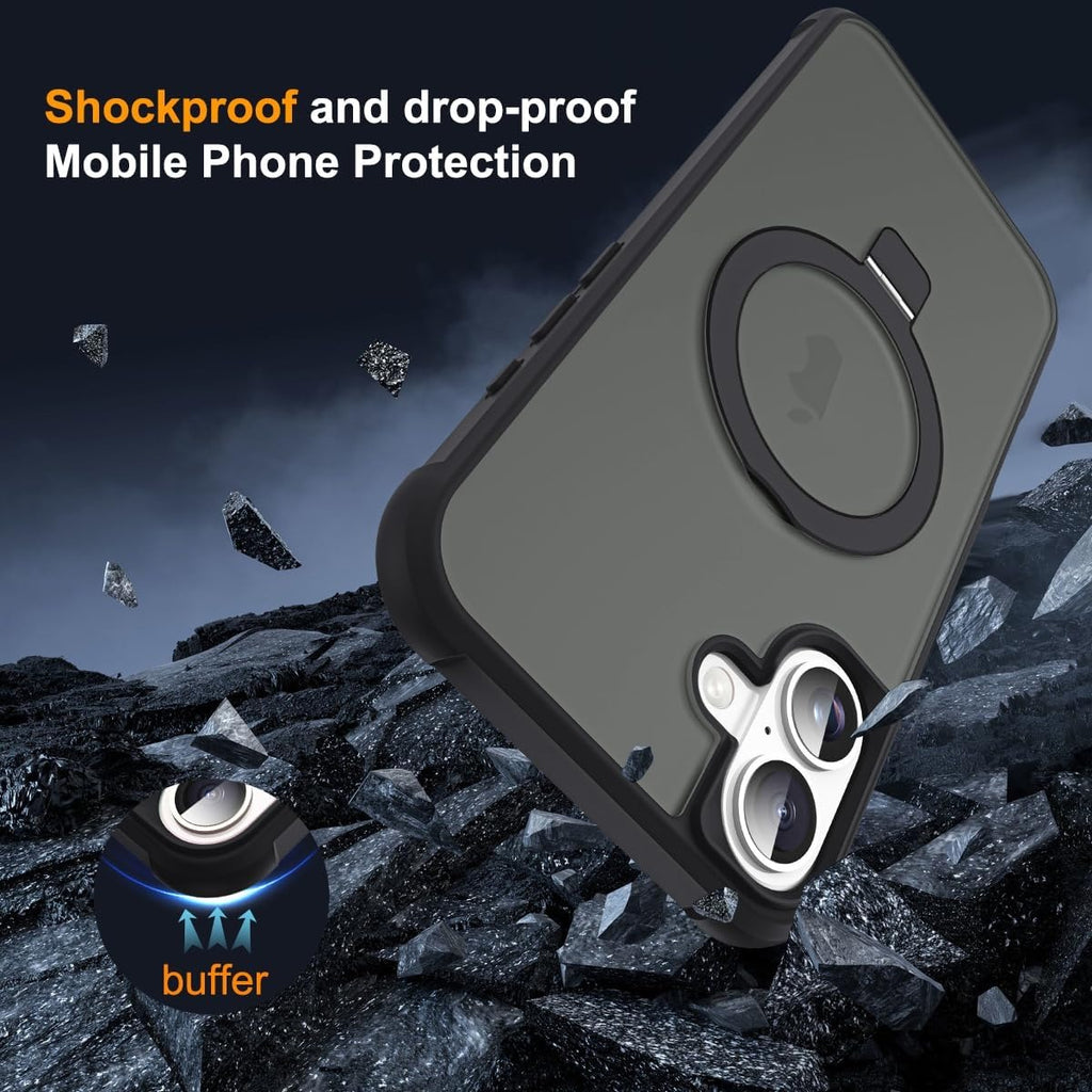 iPhone 16 Plus Case with Invisible Magnetic O-Ring Stand | Military-Grade Shockproof Translucent Back | MagSafe Compatible | Great Grip | Black (6.7”)