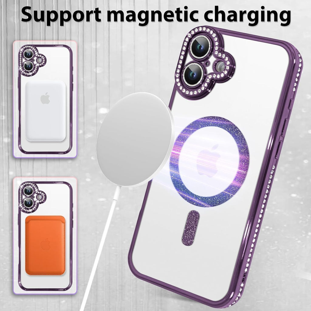 Brandson Clear TPU Case for iPhone 16 | Soft Transparent Purple Glitter Cover with Rhinestone Diamonds | MagSafe Compatible | Shockproof Camera Lens Protection Case for Women & Girls – Purple