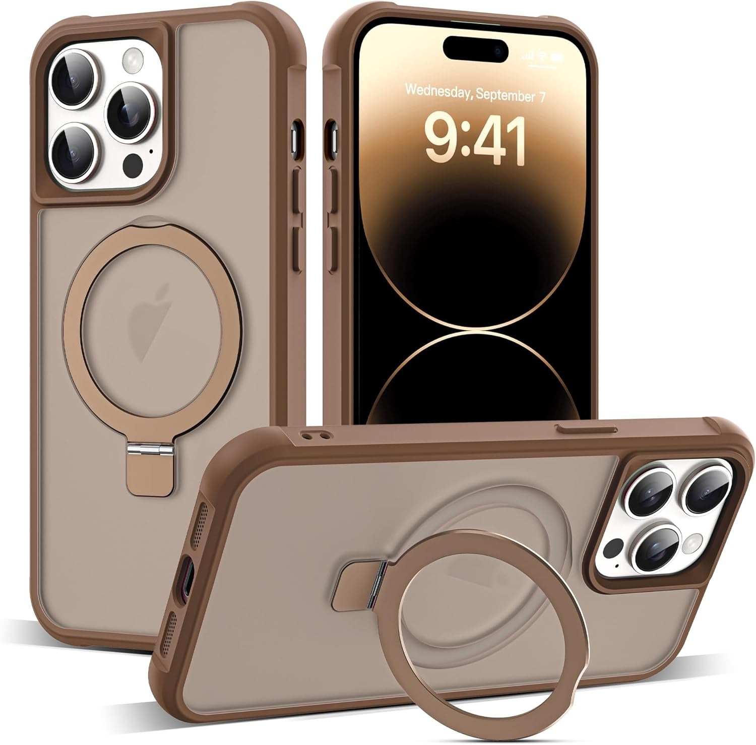 Brandson Compatible with iPhone 14 Pro Max Case 📱 Magnetic O-Ring Stand | Military-Grade Translucent Back Cover | MagSafe Compatible | 6.7" Desert Brown