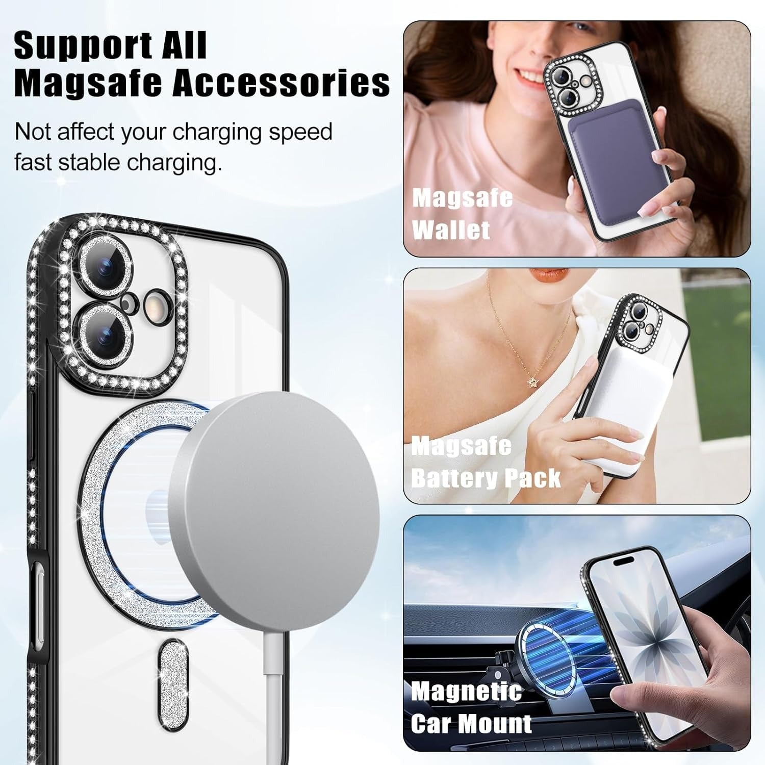 Brandson Luxury Sparkle MagSafe Case for iPhone 17 – Diamond Camera Guard, Shockproof Transparent Cover, Black Shine Edition