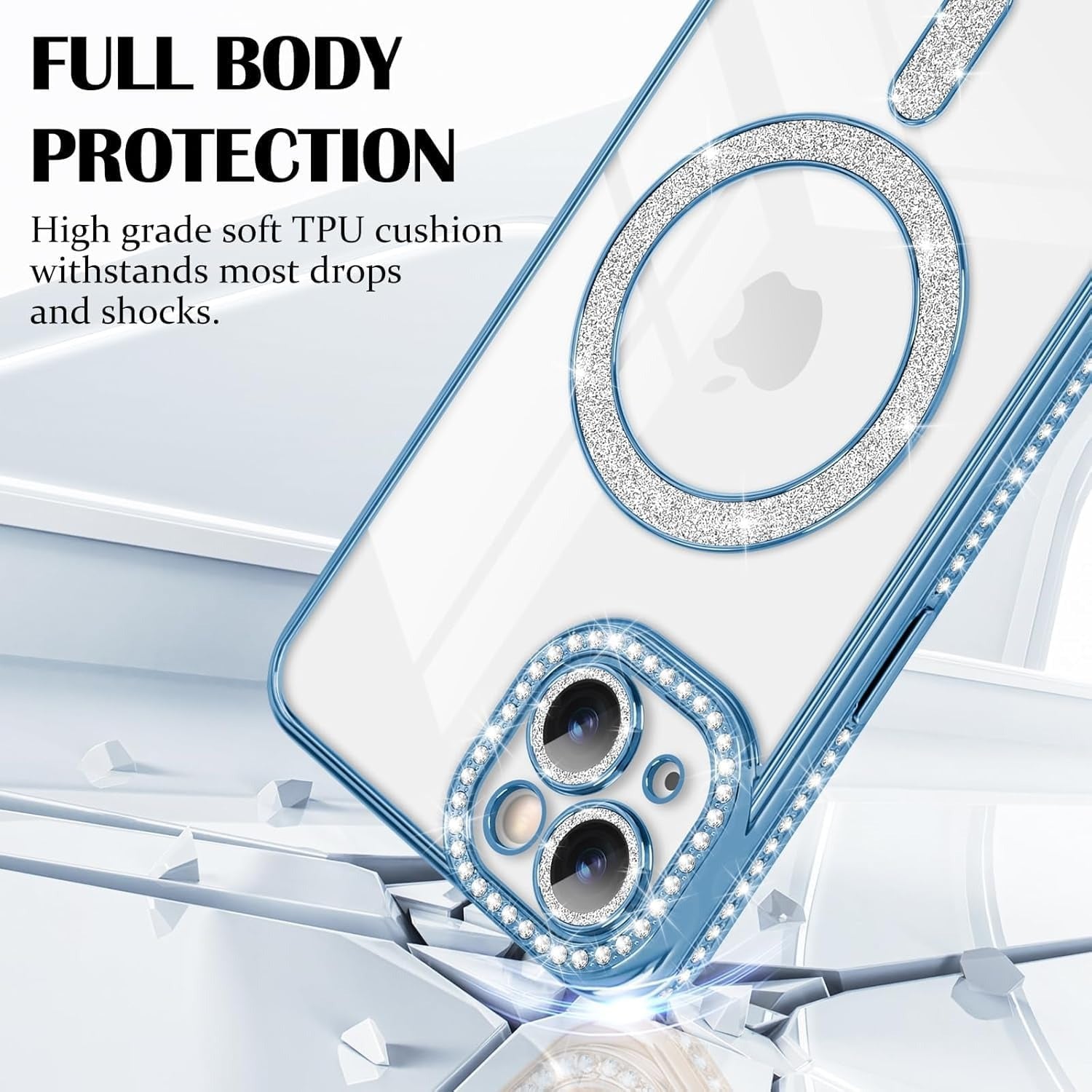 Brandson Crystal Clear Blue Case for iPhone 15 Pro Max | Soft TPU Transparent Cover with Diamond Rhinestone MagSafe Ring | Luxury Shockproof Camera Lens Protection Case for Women & Girls – Blue