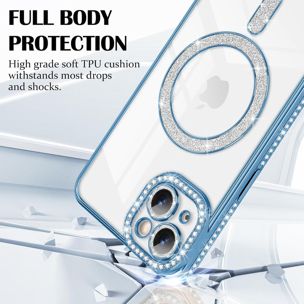 Brandson Crystal Clear Blue Case for iPhone 13 | Soft TPU Transparent Cover with Diamond Rhinestone MagSafe Ring | Luxury Shockproof Camera Lens Protection Case for Women & Girls – Blue