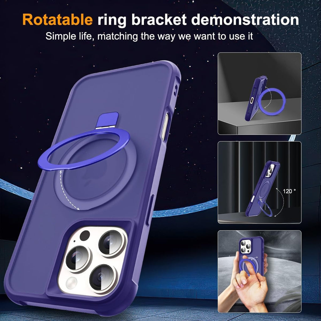 iPhone 16 Pro Magnetic O-Ring Stand Case – Military-Grade Translucent MagSafe Shockproof Cover – Navy (6.3")