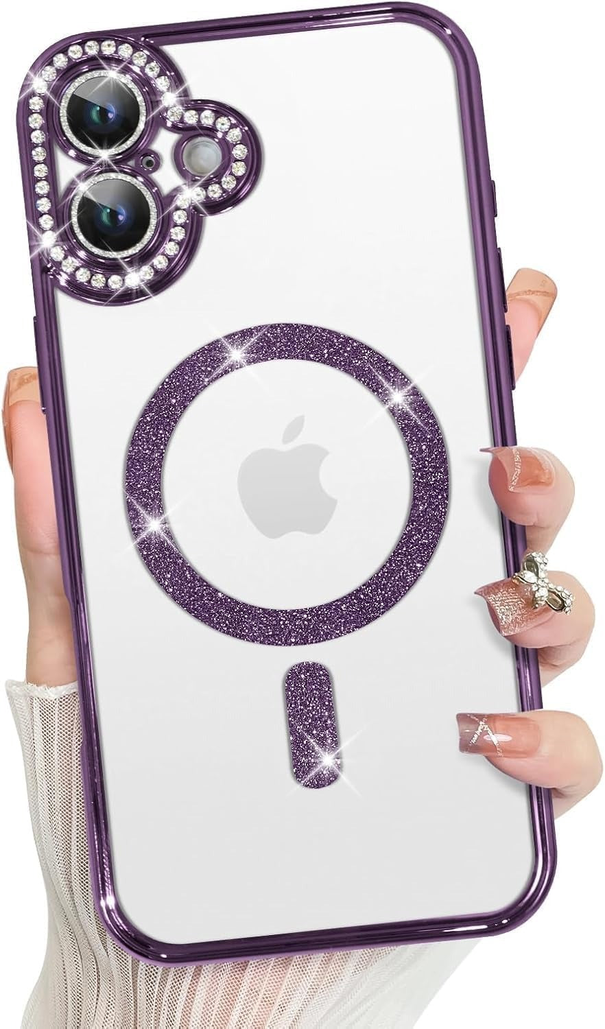 Brandson Clear TPU Case for iPhone 16 | Soft Transparent Purple Glitter Cover with Rhinestone Diamonds | MagSafe Compatible | Shockproof Camera Lens Protection Case for Women & Girls – Purple