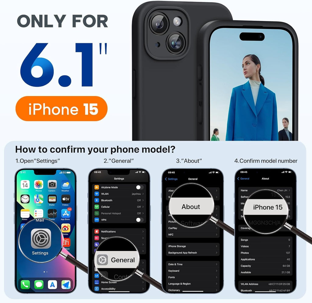 Miracase Liquid Silicone Case for iPhone 15 | Soft Microfiber Lining | Shockproof Gel Rubber Cover | Anti-Scratch Drop Protection Phone Case | Black