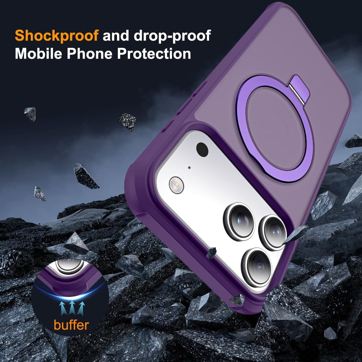 MagSafe Compatible Case for iPhone 17 Pro (6.3") | Invisible Magnetic O-Ring Stand | Military-Grade Translucent Shockproof Phone Case – Purple