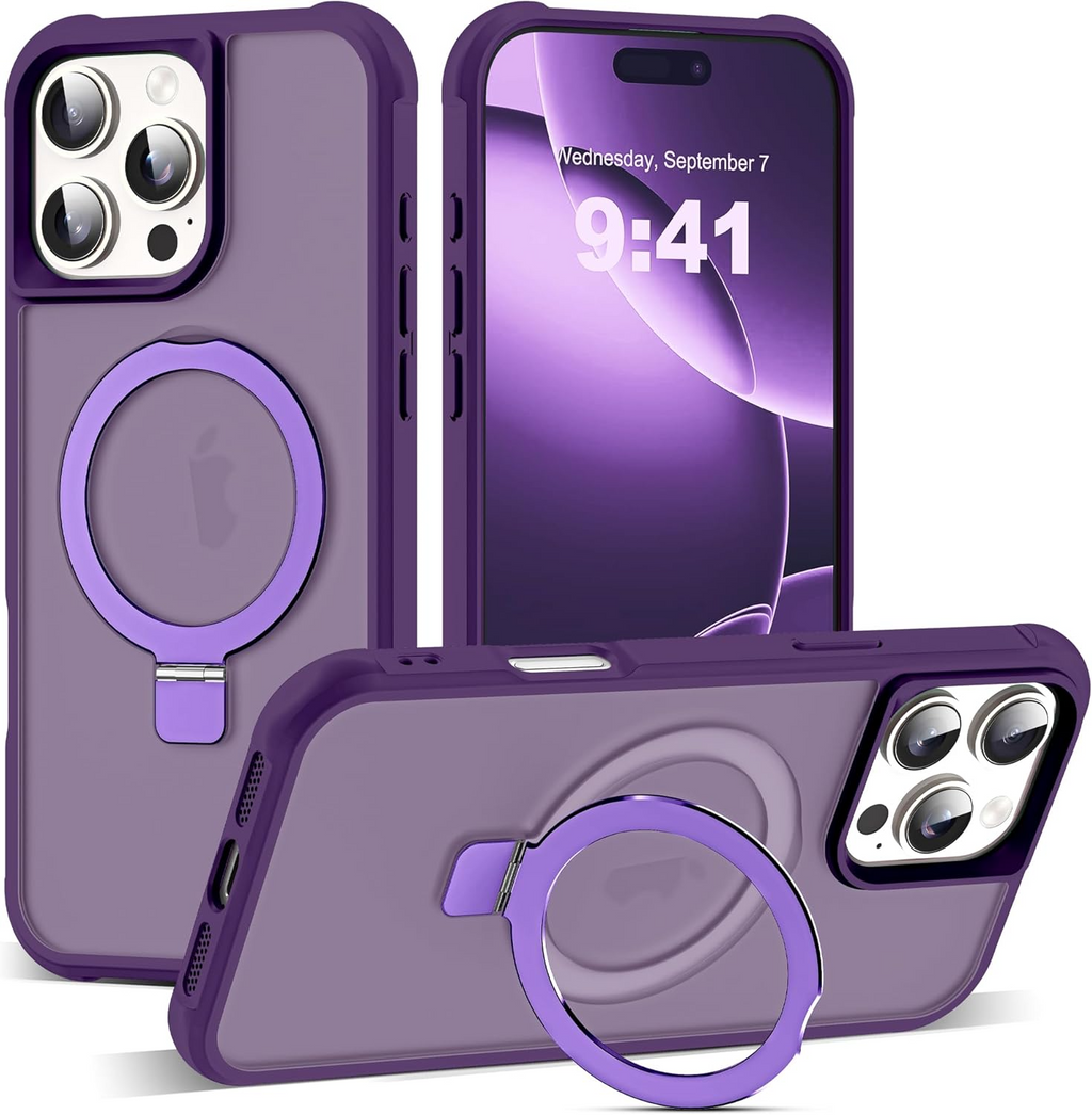 MagSafe Compatible Case for iPhone 16 Pro Max (6.9") | Invisible Magnetic O-Ring Stand | Military-Grade Translucent Shockproof Cover – Purple