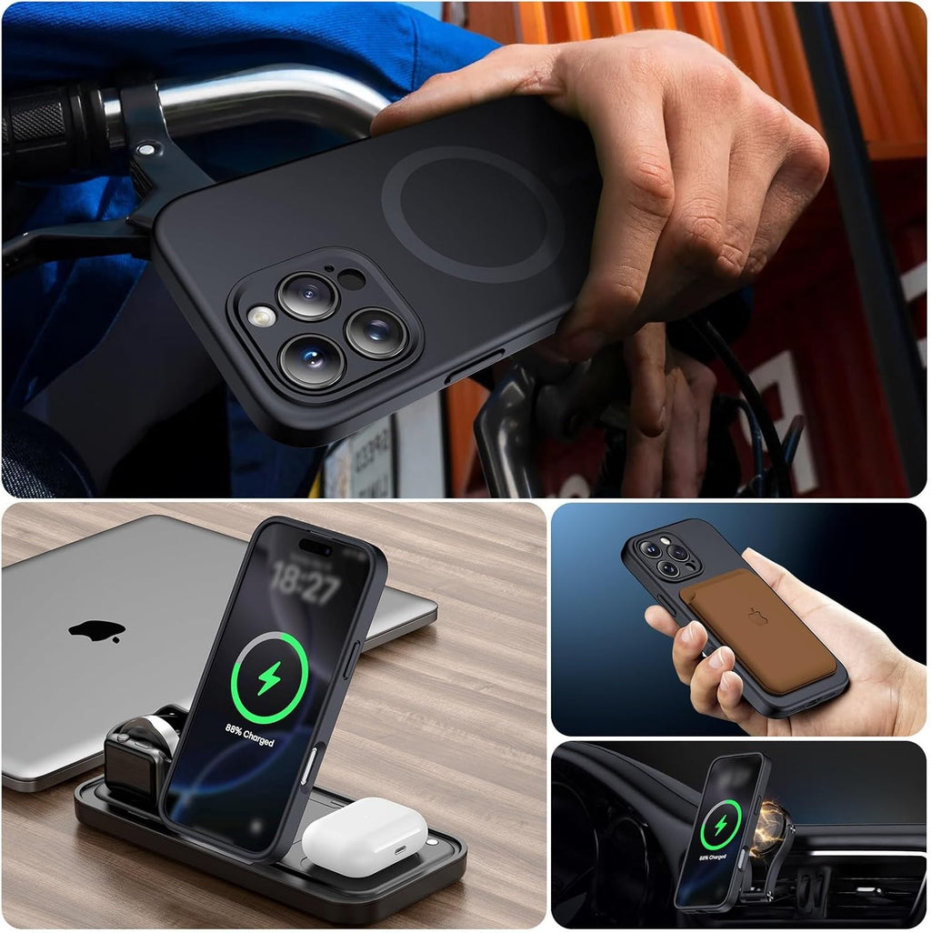 Magnetic Case for iPhone 16 Pro (6.3") – MagSafe Compatible | 2× 9H Screen Protectors | Full Camera Protection | Military-Grade Silicone Shockproof Cover – Black