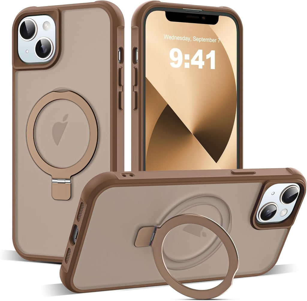 iPhone 13 & 14 Magnetic O-Ring Stand Case | Translucent Shockproof Back Cover | MagSafe Compatible | 6.1" Desert Brown