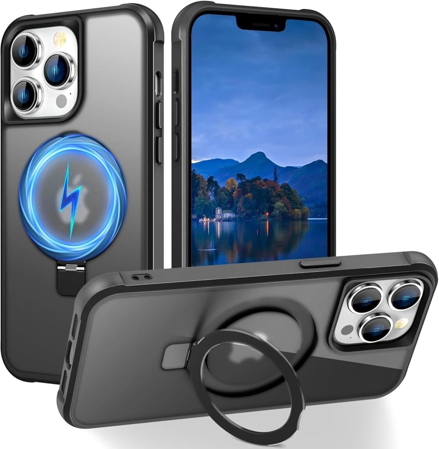 iPhone 13 Pro Magnetic O-Ring Stand Case | Military-Grade Translucent Shockproof Back Cover | MagSafe Compatible | Black