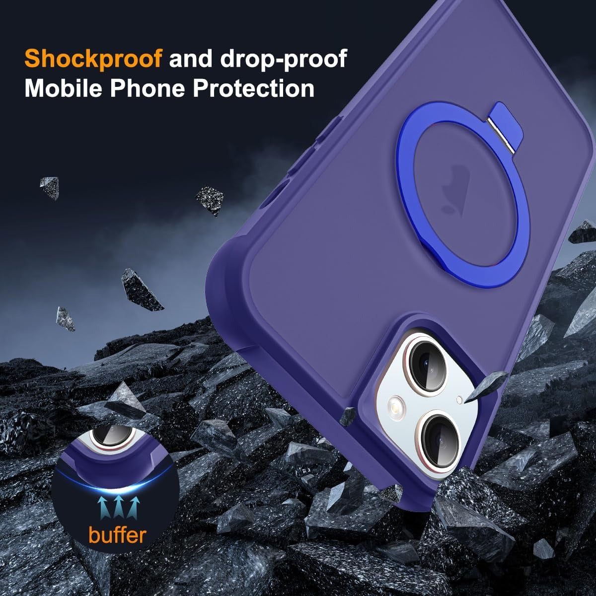 iPhone 15 Plus Magnetic O-Ring Stand Case – Military-Grade Translucent MagSafe Compatible Shockproof Cover – Navy