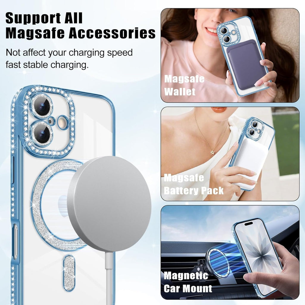 Brandson Luxury Sparkle MagSafe Case for iPhone 17 Pro – Diamond Camera Guard, Shockproof Transparent Cover, Blue Shine Edition