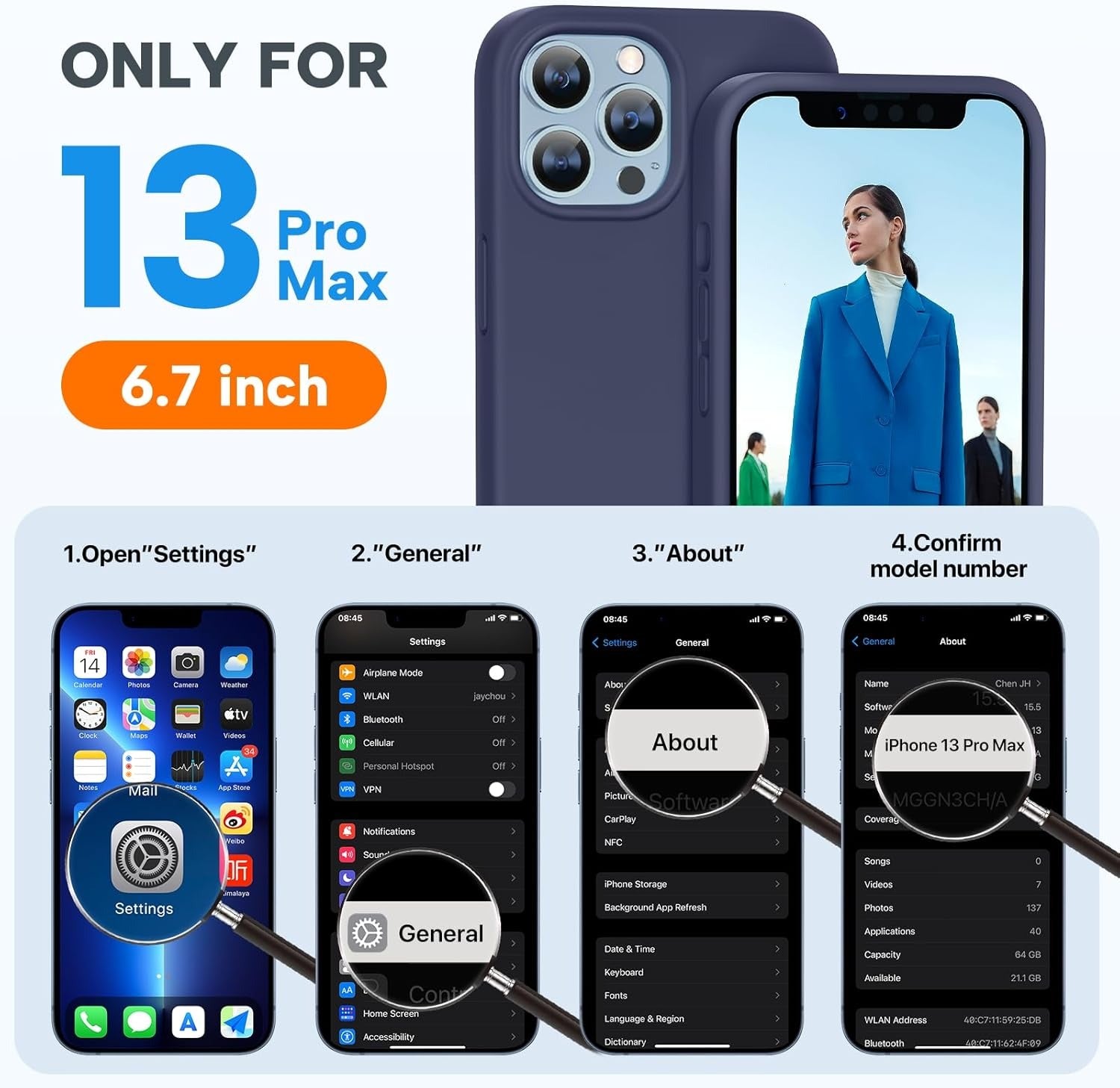 Brandson Liquid Silicone Case for iPhone 13 Pro Max (6.7") | Shockproof Soft Rubber Cover | Anti-Scratch Microfiber Lining | Screen Protector Included | Dark Blue