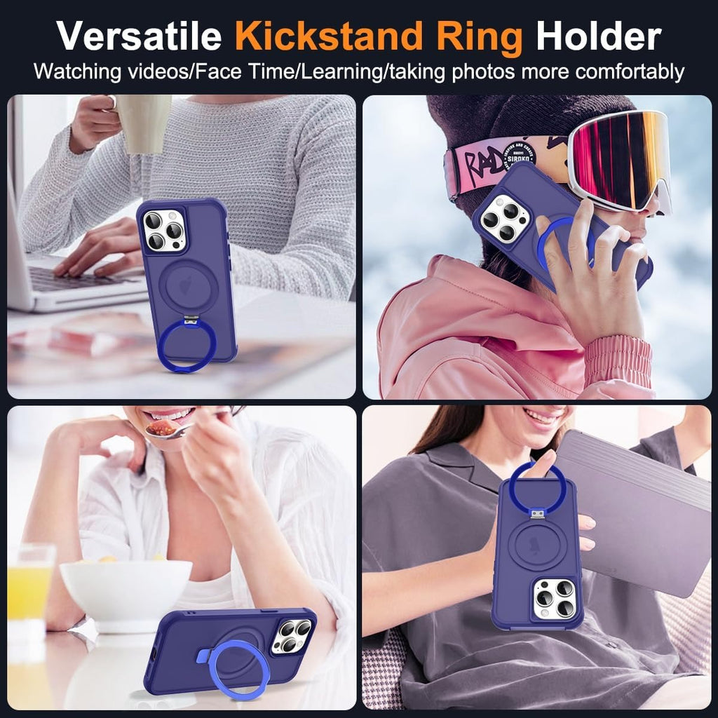 iPhone 15 Pro Magnetic O-Ring Stand Case – Military-Grade Translucent MagSafe Compatible Shockproof Cover – Navy