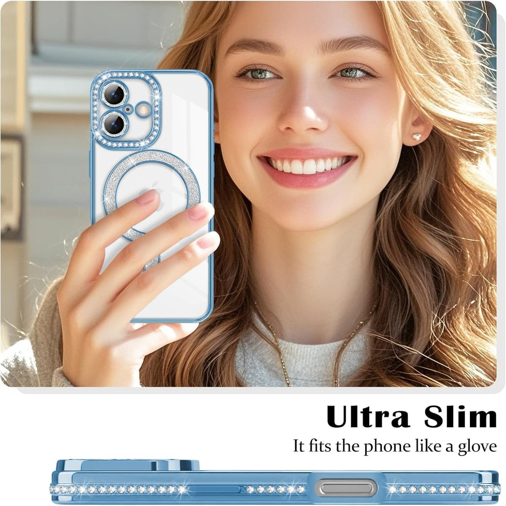 Brandson Luxury Sparkle MagSafe Case for iPhone 17 – Diamond Camera Guard, Shockproof Transparent Cover, Blue Shine Edition