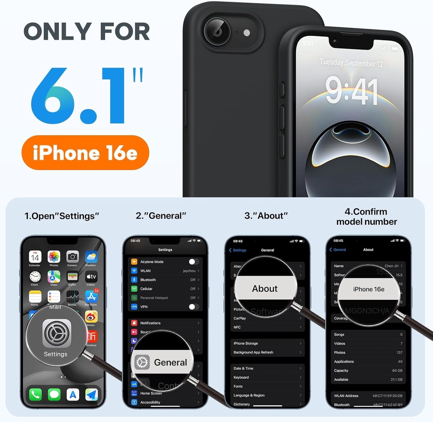 Miracase Liquid Silicone Case for iPhone 16e | Soft Microfiber Lining | Shockproof Gel Rubber Cover | Anti-Scratch Drop Protection Phone Case | Black