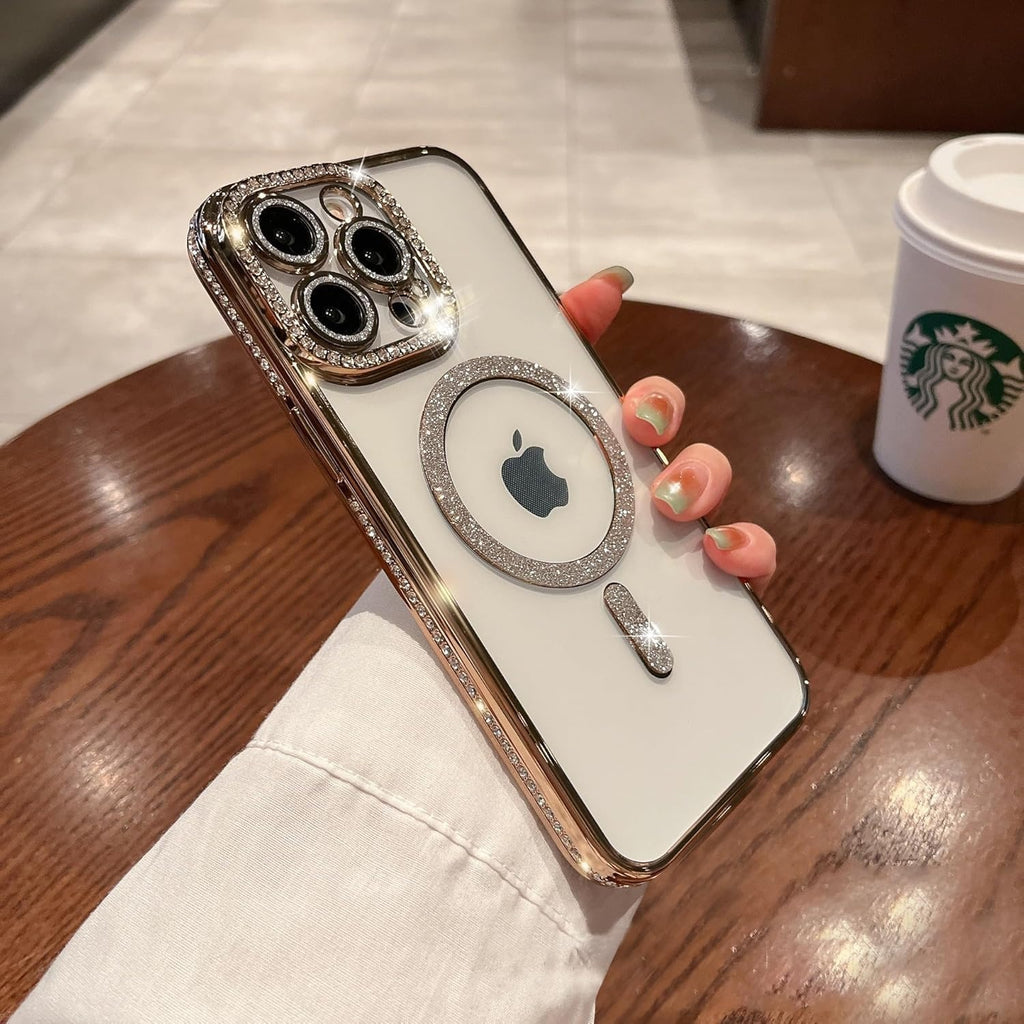 Cute Compatible iPhone 16 Pro Diamond Glitter Case – Luxury Bling Rhinestone Soft Clear TPU Bumper, MagSafe & Camera Lens Protection (Gold)