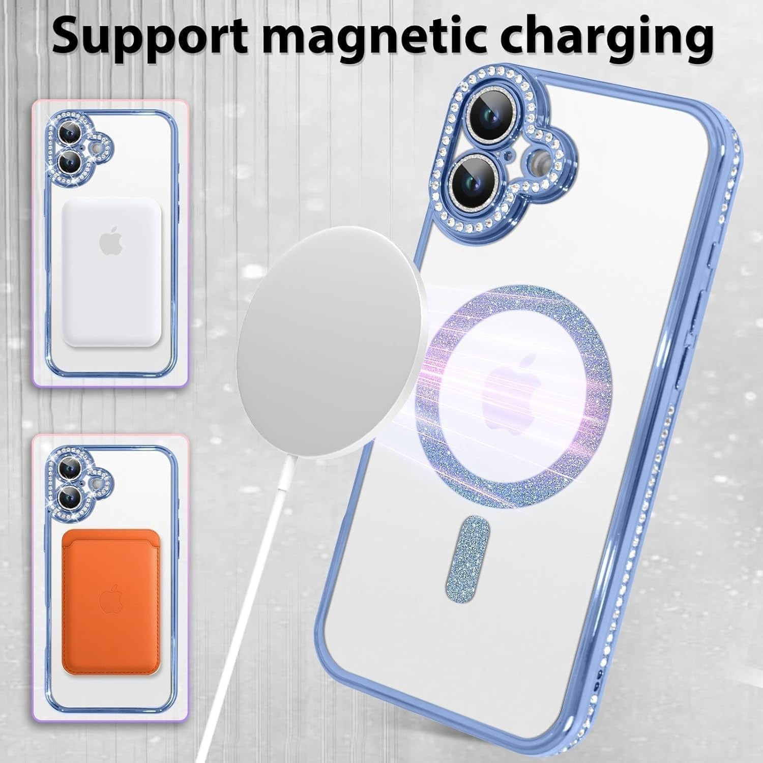 Brandson Clear Case for iPhone 16 | Soft Transparent Glitter Cover with Rhinestone Diamonds | MagSafe Compatible | Camera Lens Protection | Cute Shockproof Case for Women & Girls – Blue