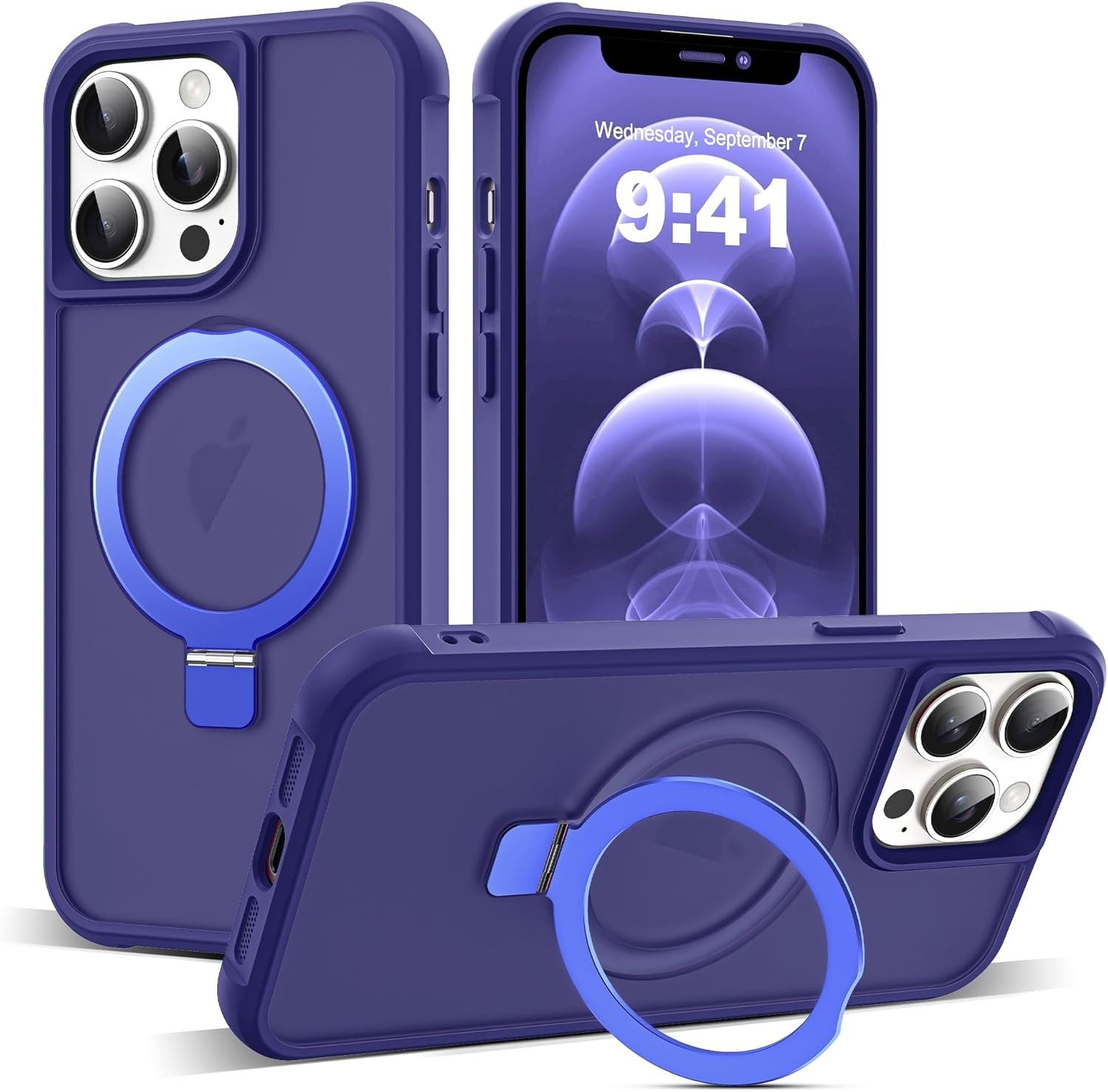 iPhone 12 Pro Max & 13 Pro Max Magnetic O-Ring Stand Case – Translucent Shockproof MagSafe Compatible Cover – Navy