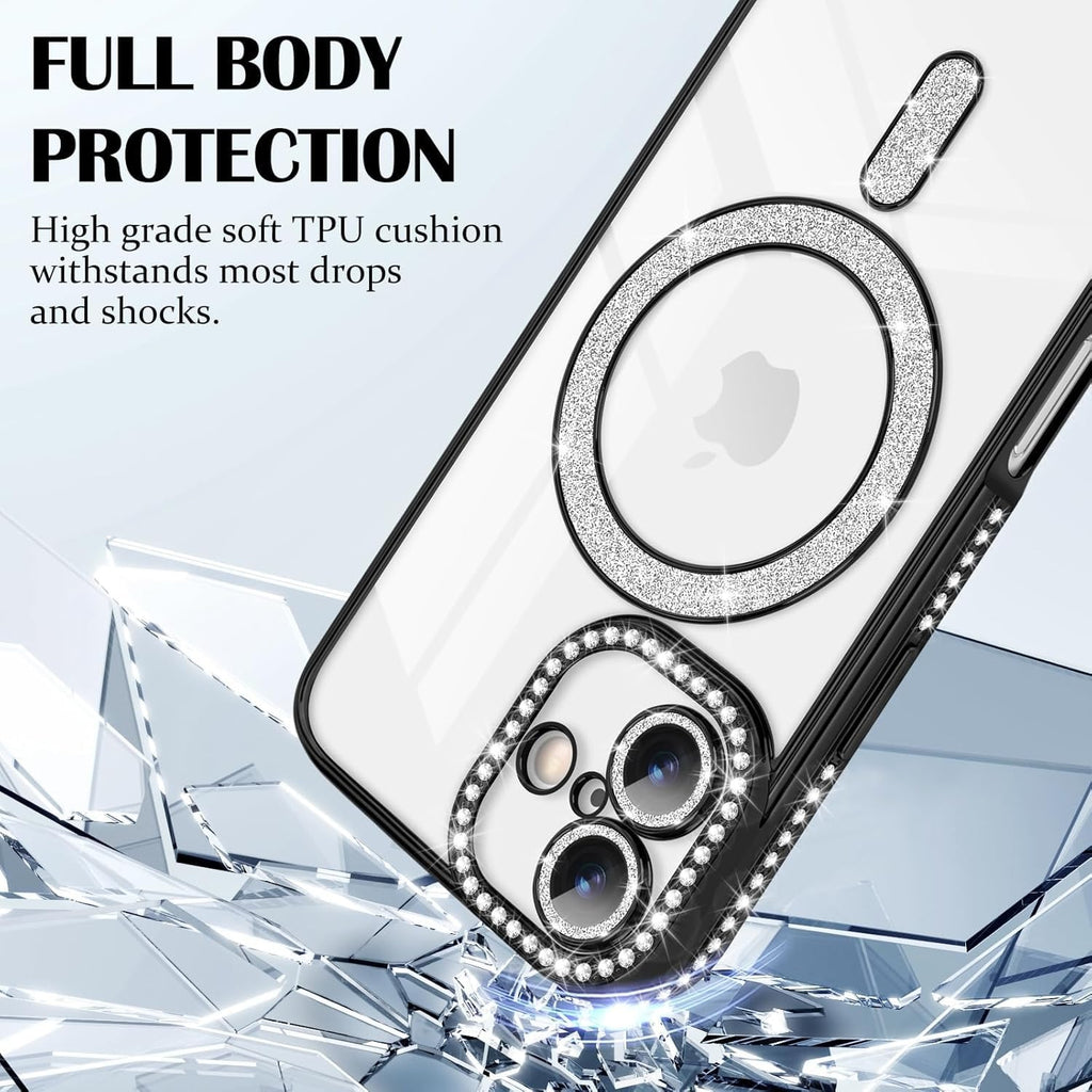 Brandson Luxury Sparkle MagSafe Case for iPhone 17 Pro – Diamond Camera Guard, Shockproof Transparent Cover, Black Shine Edition