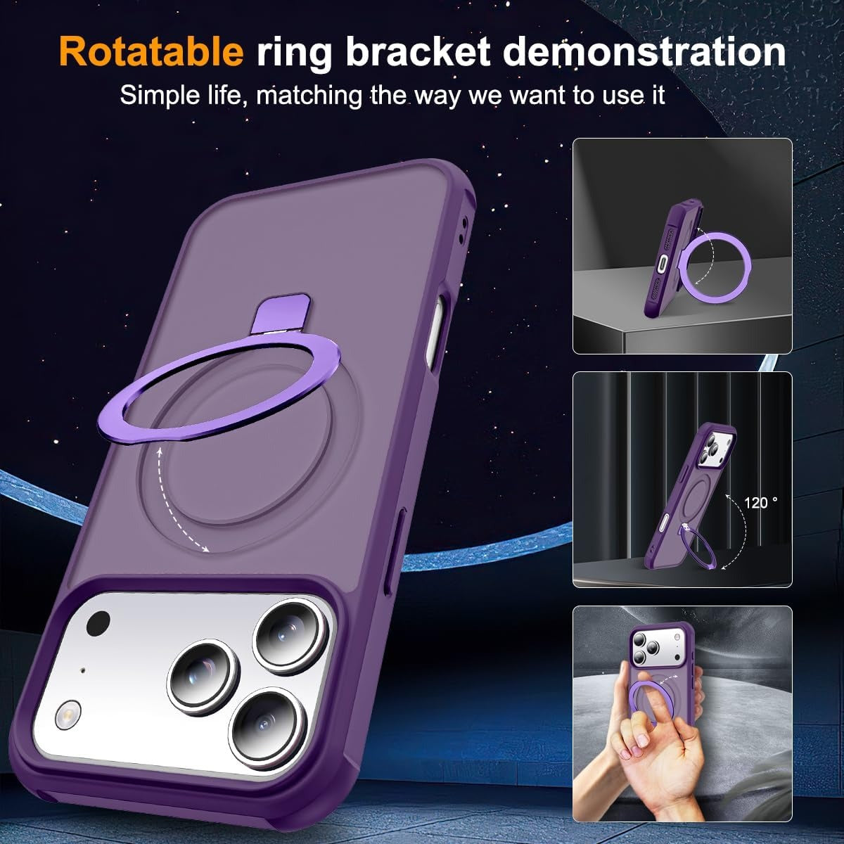 MagSafe Compatible Case for iPhone 17 Pro (6.3") | Invisible Magnetic O-Ring Stand | Military-Grade Translucent Shockproof Phone Case – Purple