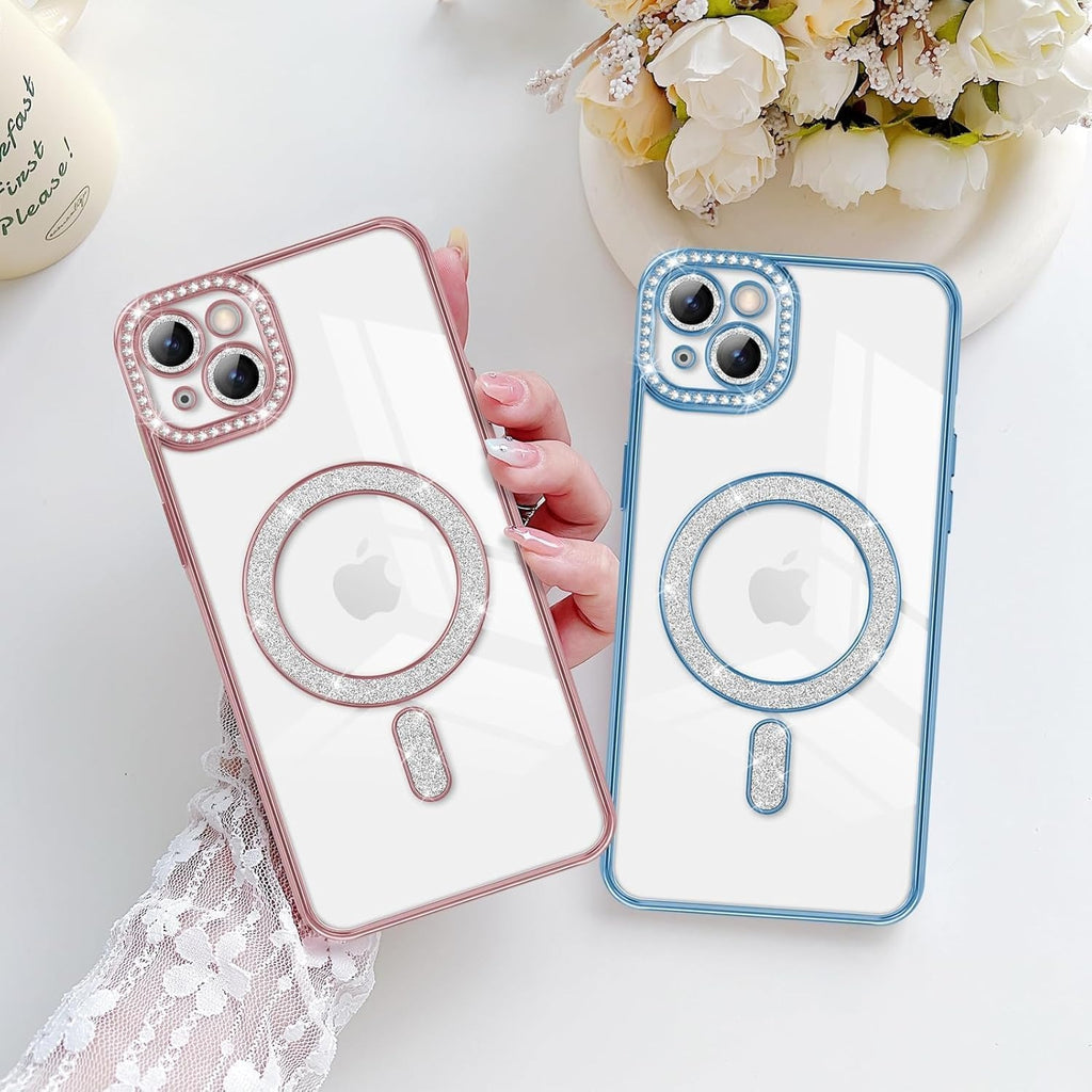 Brandson Crystal Clear Blue Case for iPhone 15 Pro | Soft TPU Transparent Cover with Diamond Rhinestone MagSafe Ring | Luxury Shockproof Camera Lens Protection Case for Women & Girls – Blue