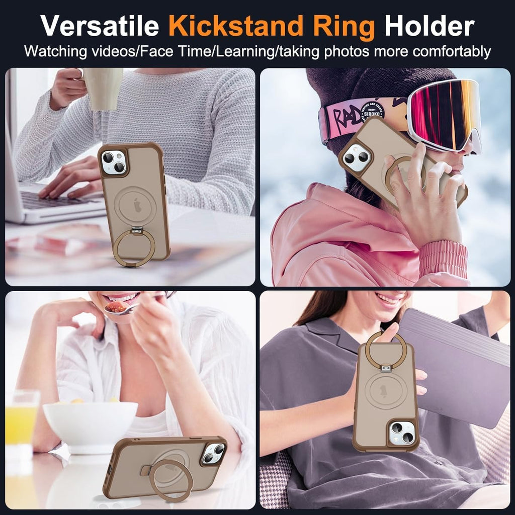 Brandson Compatible with iPhone 15 Case 📱 Magnetic O-Ring Stand | Military-Grade Translucent Back Cover | MagSafe Compatible | 6.1" Desert Brown