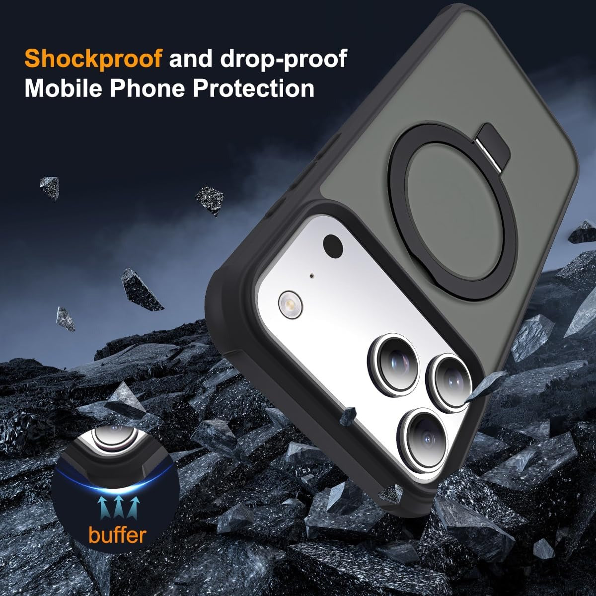 brandsn iPhone 17 Pro Max Case with Invisible Magnetic O-Ring Stand | Military-Grade Translucent MagSafe Compatible Shockproof Cover – Black (6.9”)