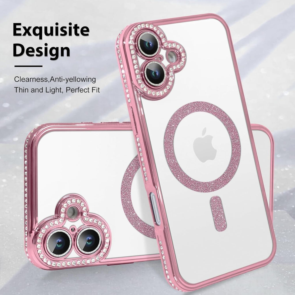 Brandson Clear Case for iPhone 16 | Soft Transparent Pink Glitter Cover with Rhinestone Diamonds | MagSafe Compatible | Shockproof Camera Lens Protection Case for Women & Girls – Pink