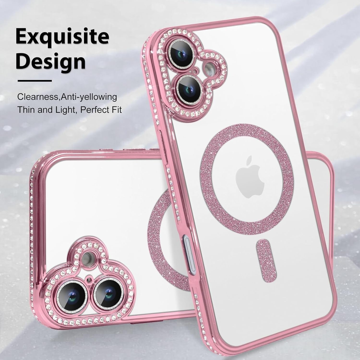 Brandson Clear Case for iPhone 16 | Soft Transparent Pink Glitter Cover with Rhinestone Diamonds | MagSafe Compatible | Shockproof Camera Lens Protection Case for Women & Girls – Pink