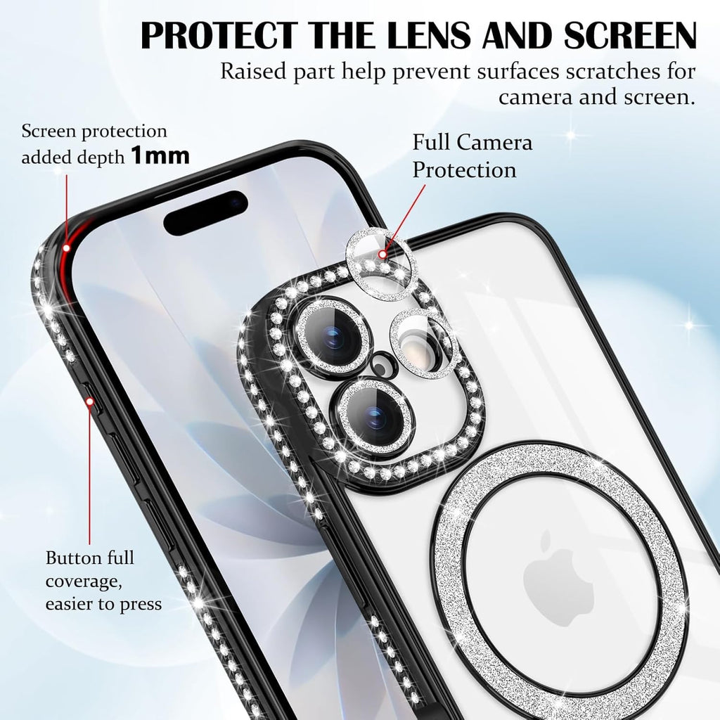 Brandson Luxury Sparkle MagSafe Case for iPhone 17 – Diamond Camera Guard, Shockproof Transparent Cover, Black Shine Edition