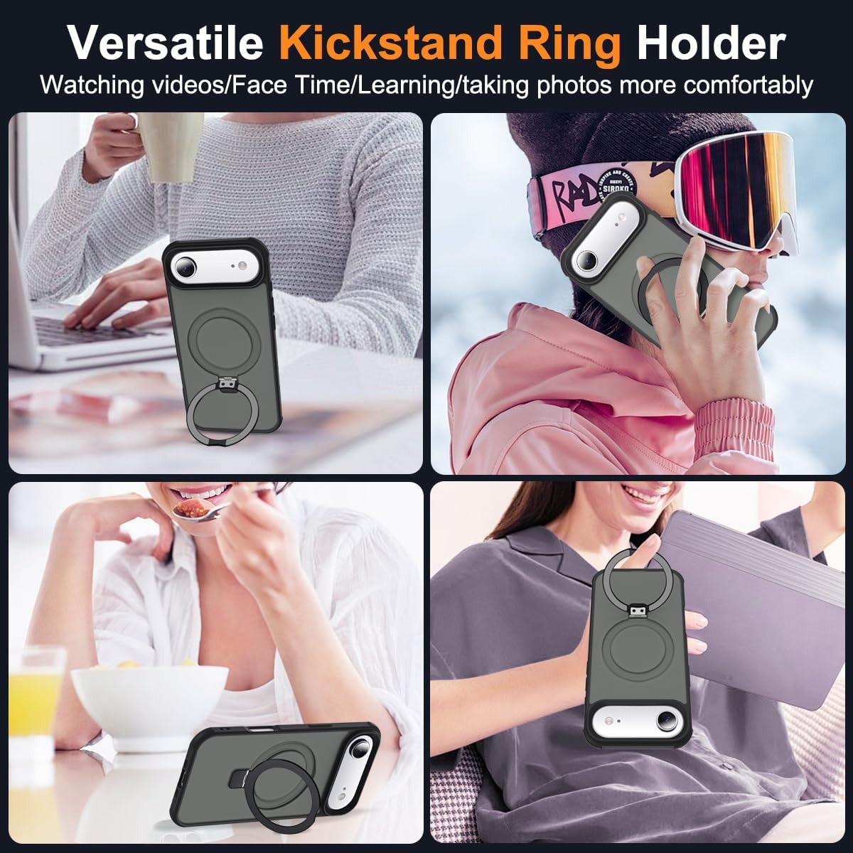 iPhone 17 Air Case with Invisible Magnetic O-Ring Stand | Military-Grade Translucent Shockproof MagSafe Compatible Cover – Black (6.5”)