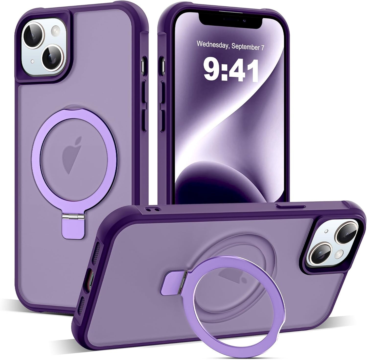 MagSafe Compatible Case for iPhone 14 Plus | Invisible Magnetic O-Ring Stand | Military-Grade Translucent Shockproof Cover – Purple