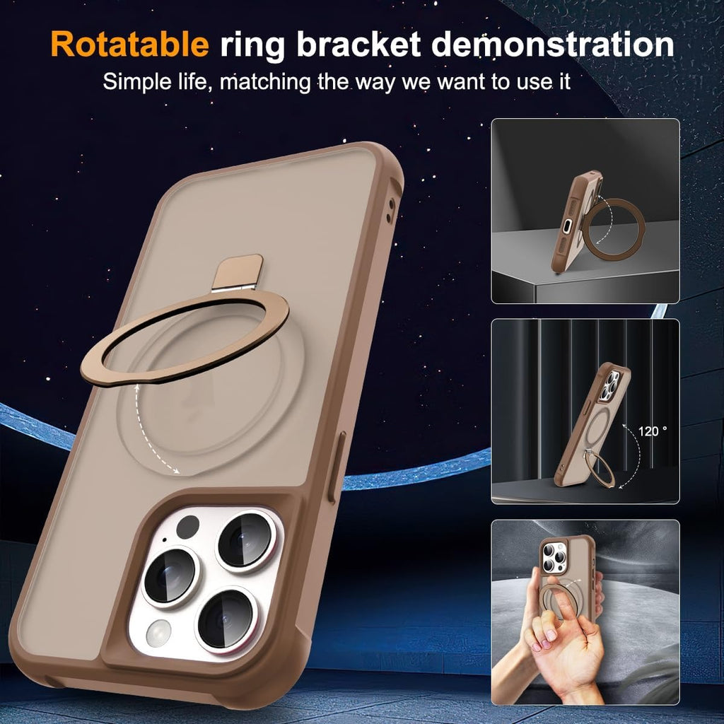 Brandson Compatible with iPhone 14 Pro Max Case 📱 Magnetic O-Ring Stand | Military-Grade Translucent Back Cover | MagSafe Compatible | 6.7" Desert Brown