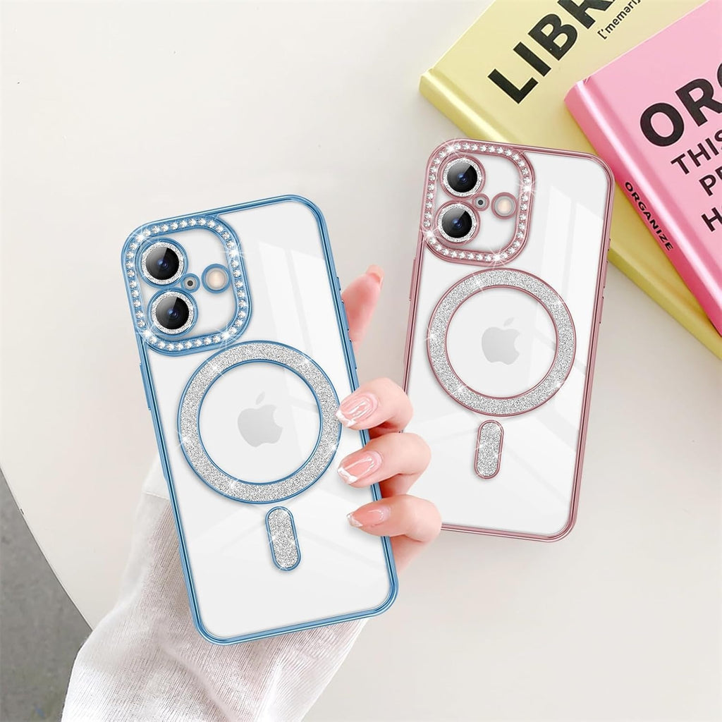 Brandson Luxury Sparkle MagSafe Case for iPhone 17 Pro – Diamond Camera Guard, Shockproof Transparent Cover, Blue Shine Edition