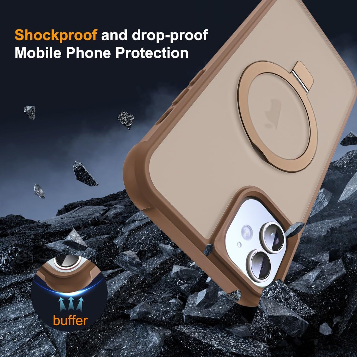 iPhone 12 & 12 Pro Magnetic O-Ring Stand Case | Translucent Shockproof Back Cover | MagSafe Compatible | Desert Brown | 6.1"