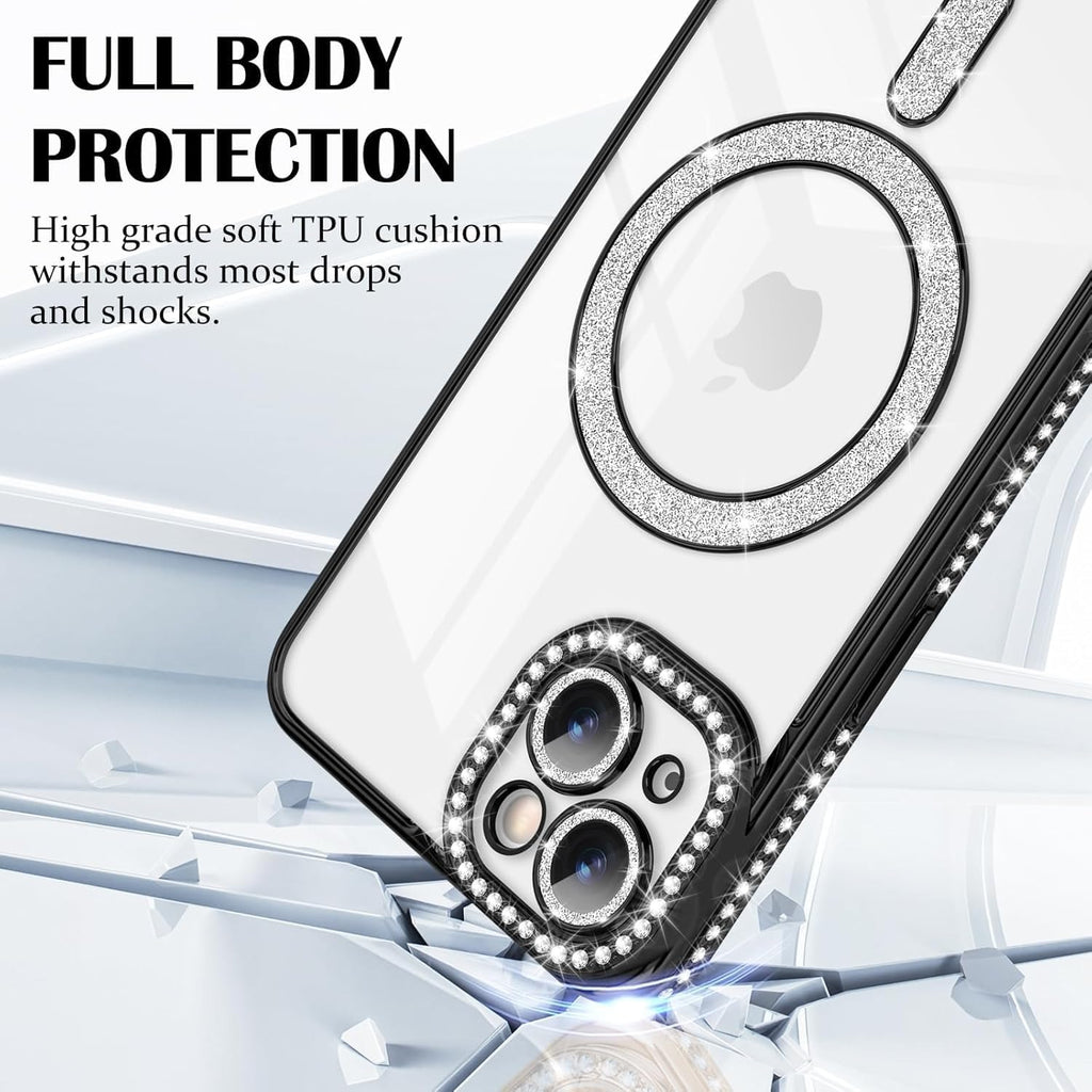 Brandson Crystal Clear Case for iPhone 15 Pro | Soft TPU Transparent Cover with Diamond Rhinestone MagSafe Ring | Luxury Shockproof Camera Lens Protection Case for Women & Girls – Silver