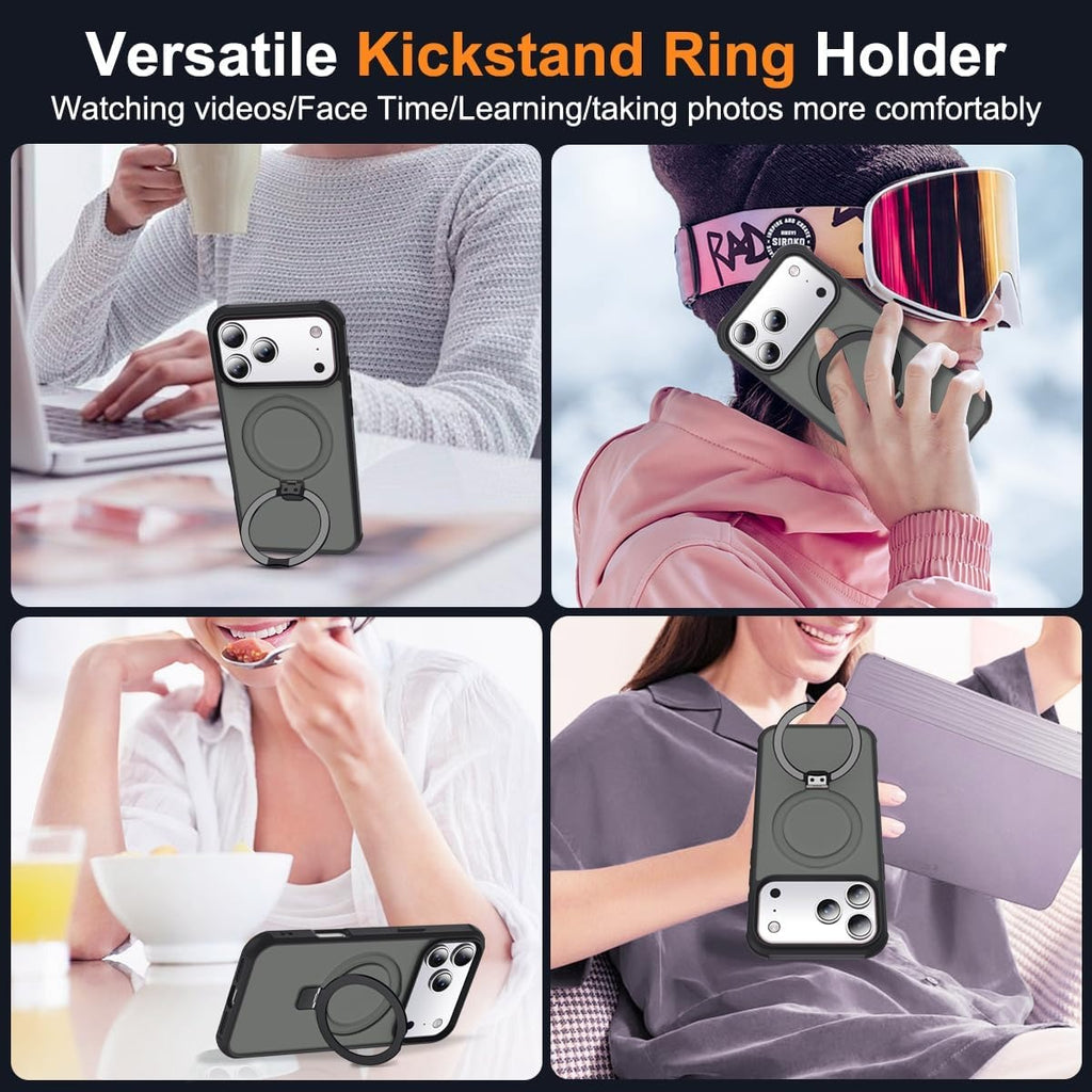 iPhone 17 Pro Case with Invisible Magnetic O-Ring Stand | Military-Grade Translucent Shockproof MagSafe Compatible Cover – Black (6.3”)