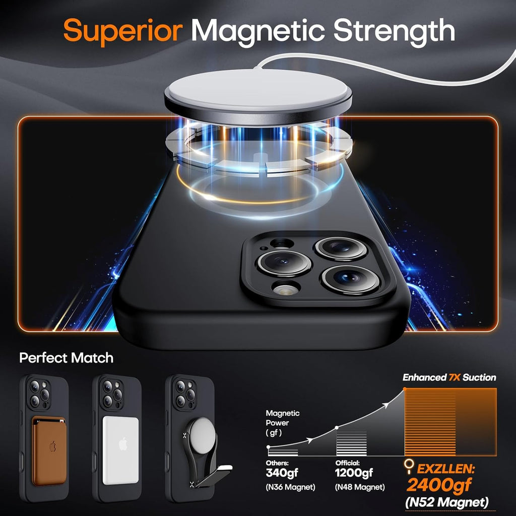 Magnetic Case for iPhone 16 Pro (6.3") – MagSafe Compatible | 2× 9H Screen Protectors | Full Camera Protection | Military-Grade Silicone Shockproof Cover – Black