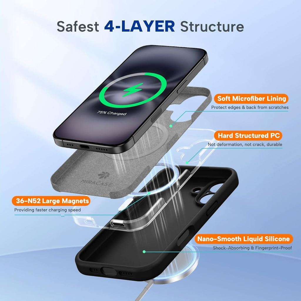 Miracase Liquid Silicone Case for iPhone 16 | MagSafe Compatible | Soft Microfiber Lining | Shockproof Drop Protection Phone Cover | Anti-Scratch Back Case | Black