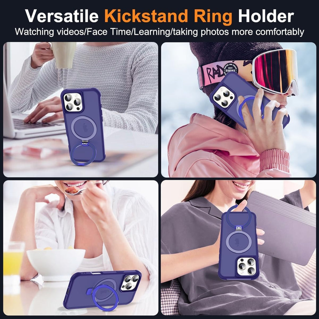 iPhone 16 Pro Magnetic O-Ring Stand Case – Military-Grade Translucent MagSafe Shockproof Cover – Navy (6.3")